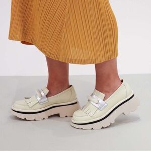 Platform Loafers Crunch Fringe Ivory Leather